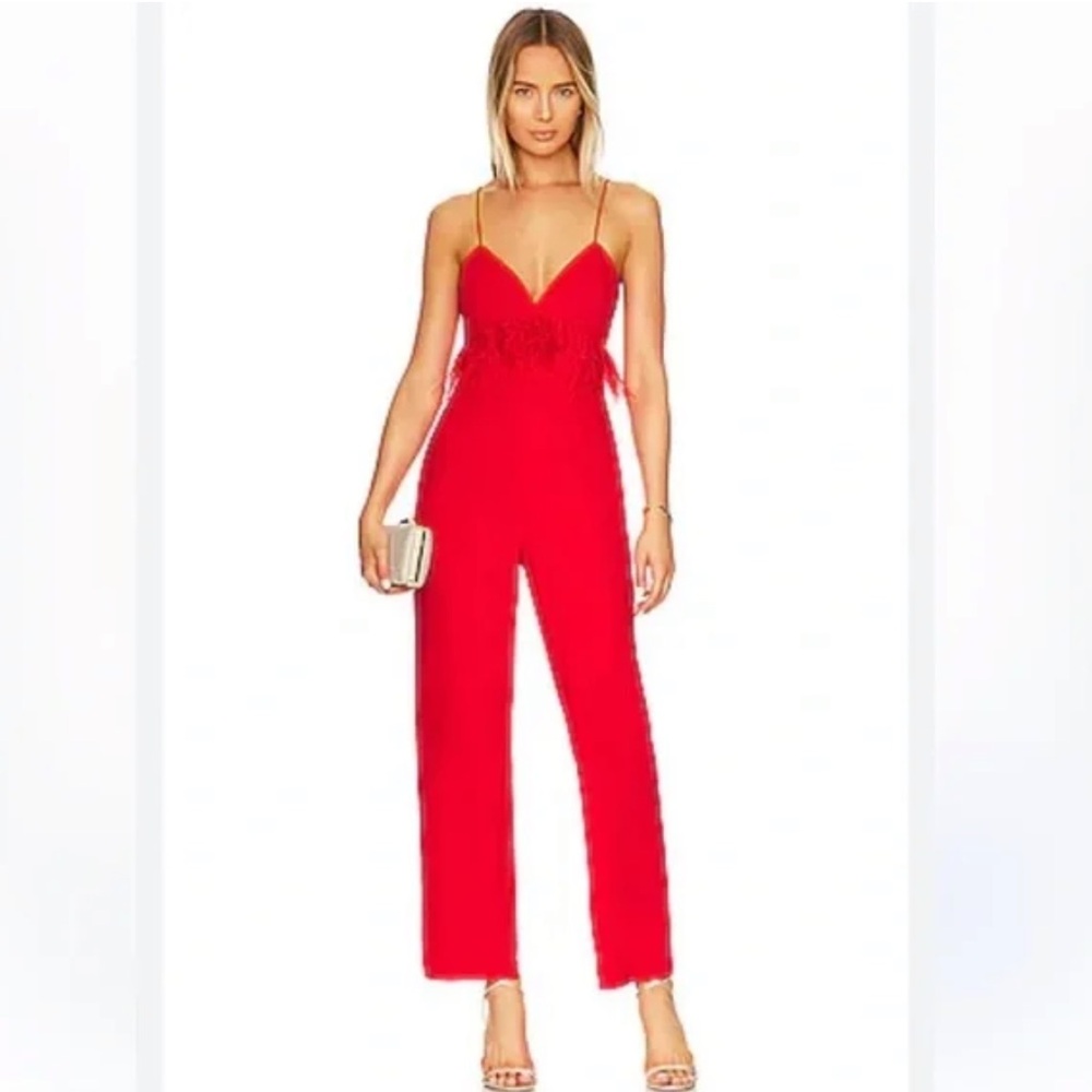 SAYLOR Krysta Vibrant Red With Feathers Jumpsuit Sz Small